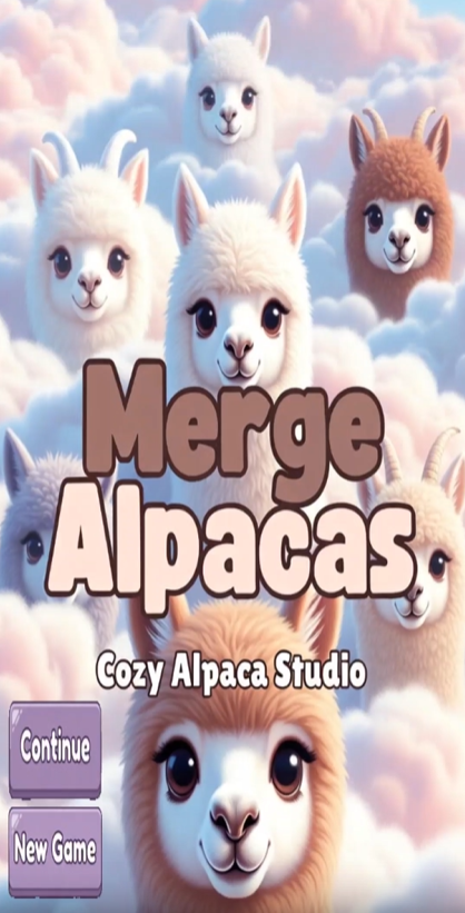 Merge Alpacas title screen: fluffy alpacas gathered in pastel clouds